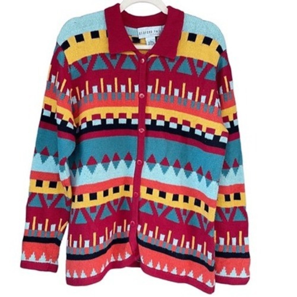 T8 Bedford Fair Cardigan Geometric‎ Artwear 90s Vintage Ramie Cotton Sweater